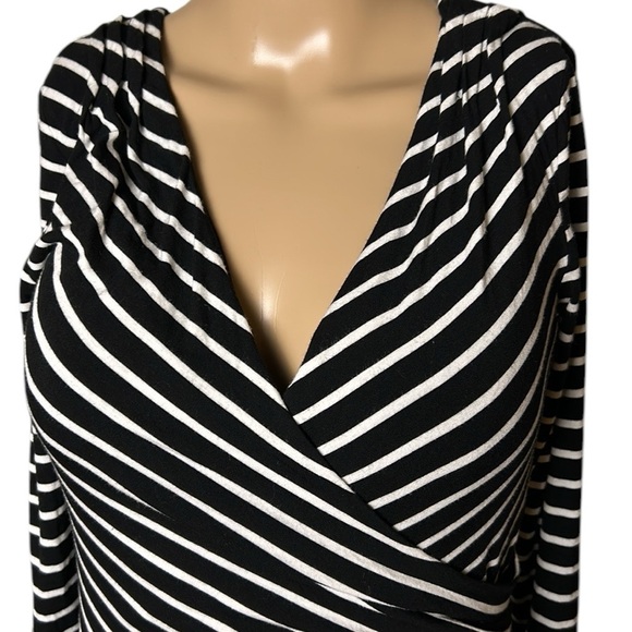 Le Château,faux wrap B&W dress S, NEW! surplice striped,pleats,ruching,stretchy - Picture 6 of 13
